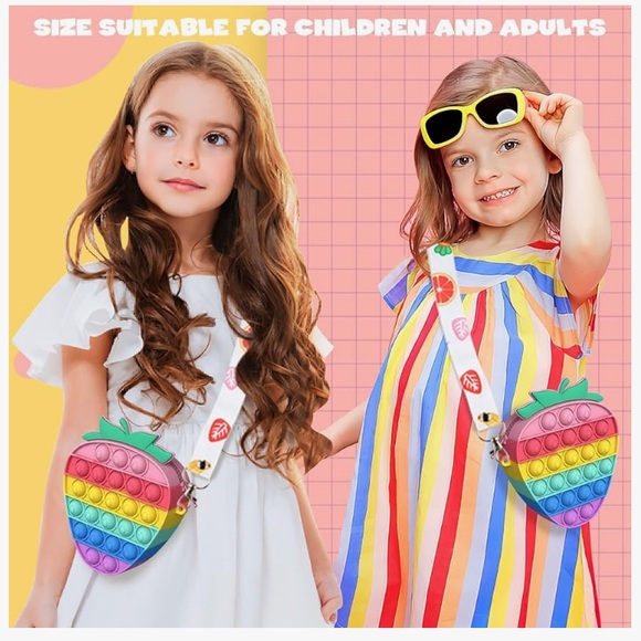 Silicone Rainbow Strawberry Fruit Popper Pop It Fidget Crossbody Bag Purse - Picture 4 of 15